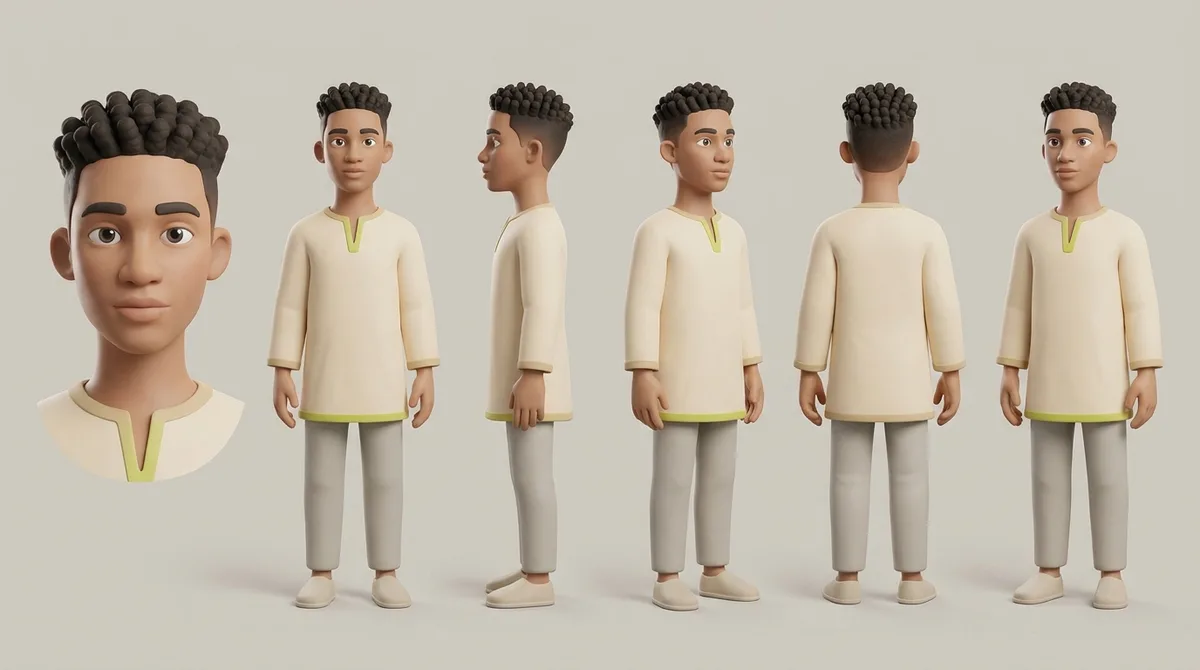 Kwame’s multi-view reference sheet from the story