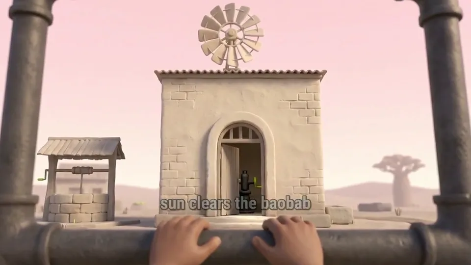A scene from The key beneath the baobab, a completed long-form studio story
